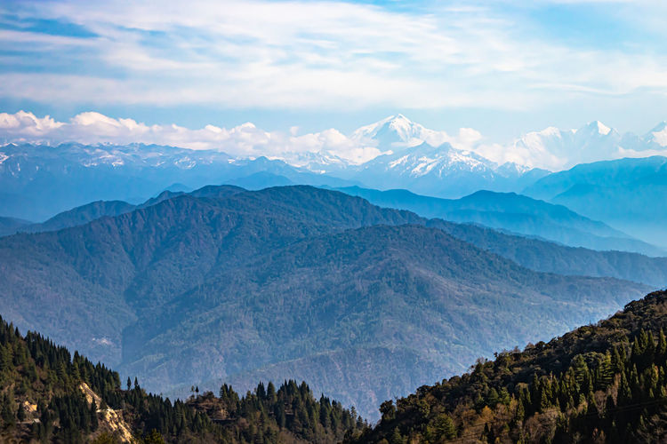 Multilayer mountain range of himalaya with valley view and amazing sky at day from flat angle