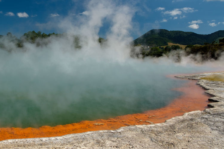 Surreal shore of the champagne pool within the waiotapu geothermal area in the north island of nz.