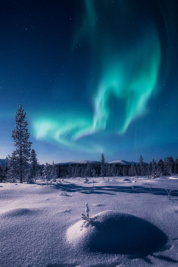 Aurora borealis over snow covered landscape at sunset
