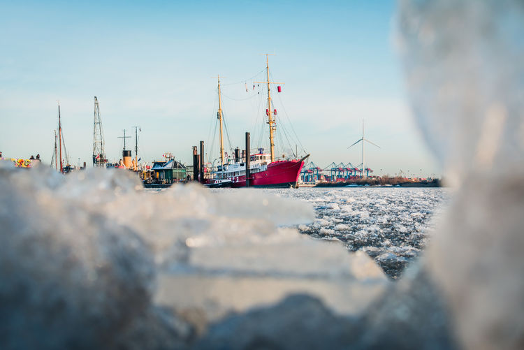 Boat in sea against clear sky