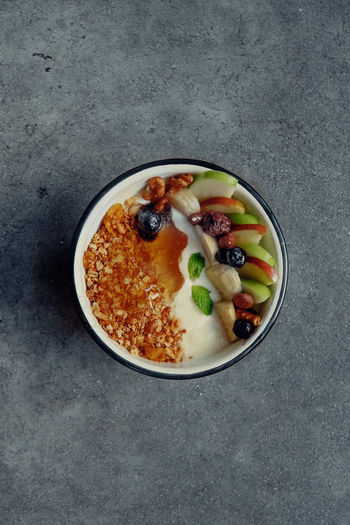 High angle view of breakfast served on table