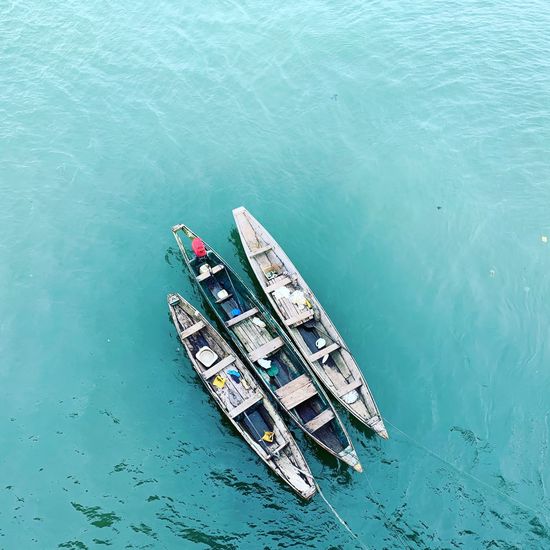High angle view of ship moored on sea