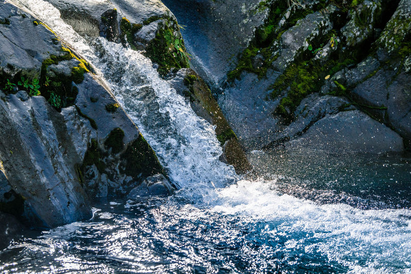 High angle view of water flowing through rocks