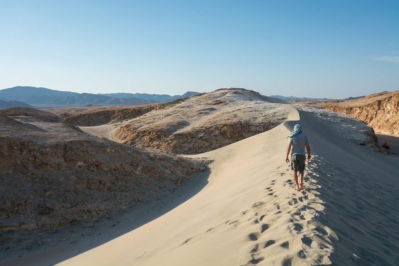 Full length rear view of man walking on sand in desert against clear sky at marsa alam