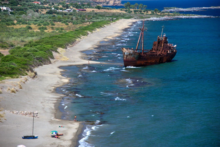 High angle view of sailboat in sea