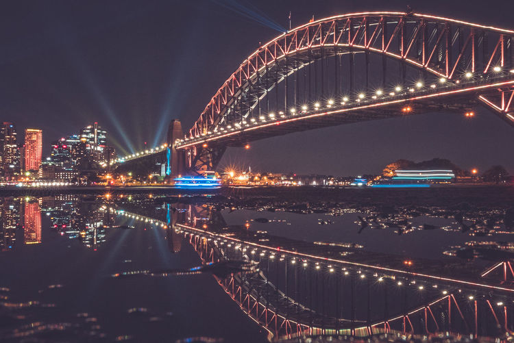 Illuminated bridge over river at night