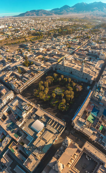 Aerial view on sunrise at plaza de armas. cityscape of arequipa with its catholic cathedral 
