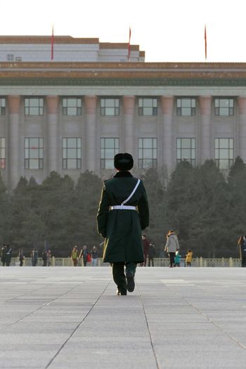 Full length rear view of army soldier at tiananmen square