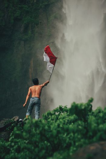 Rear view of man standing by waterfall