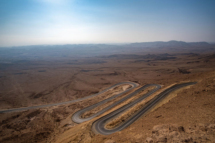 High angle view of road on desert against sky