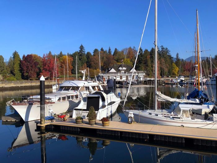 Boats moored at harbor against clear blue sky