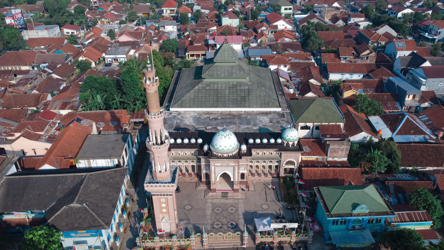 High angle view of mosque in city