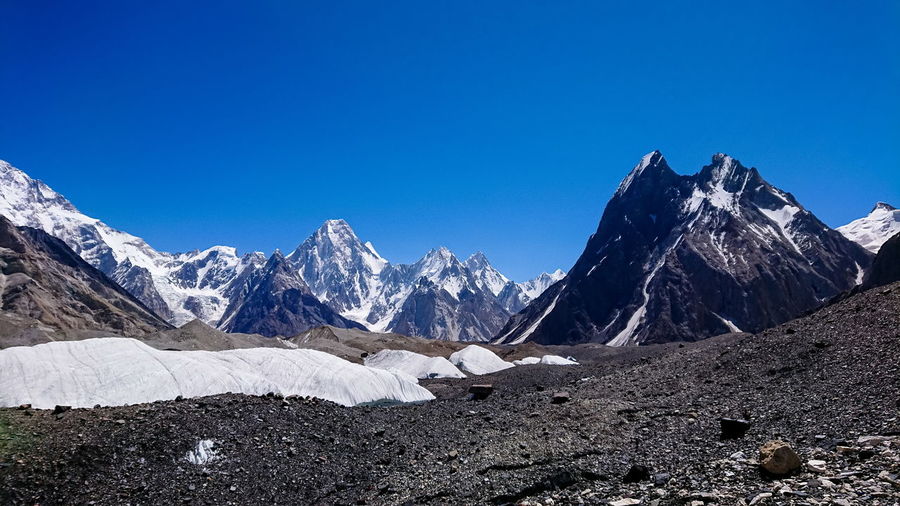 Scenic view of snowcapped mountains against clear blue sky