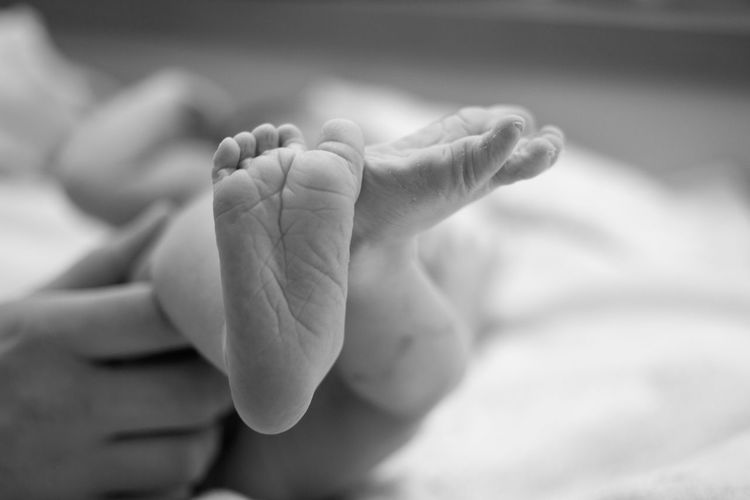 Cropped hand of father holding baby feet on bed