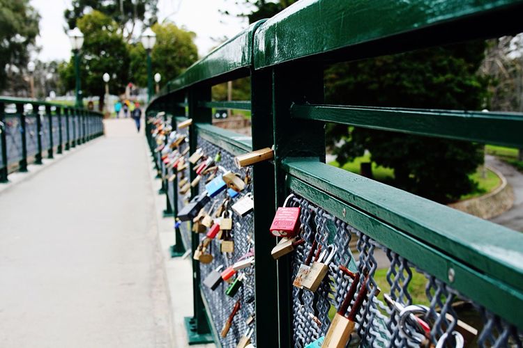 Close-up of love locks at bridge