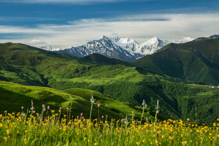Scenic view of mountains against cloudy sky in chechnya 