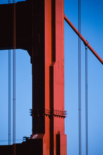 Close-up of the golden gate bridge against a clear blue sky