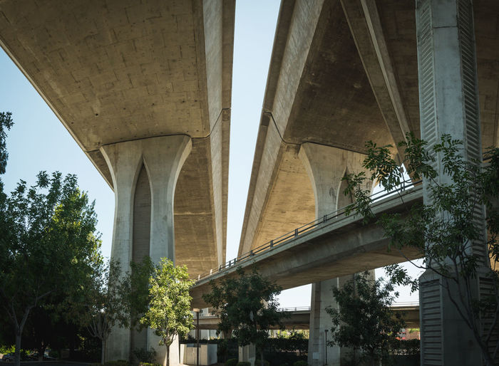 Underneath a california freeway bridge and on-ramp.