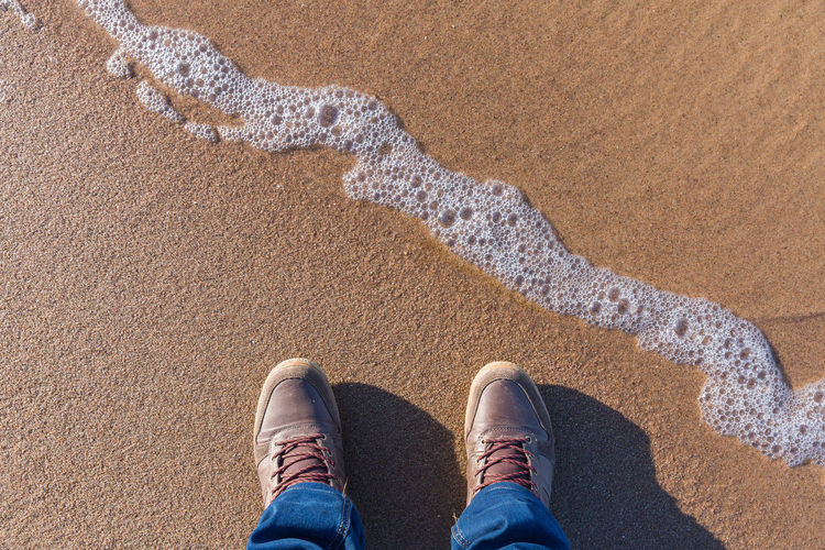Low section of man standing on shore at beach