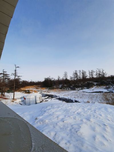 Snow covered field by building against sky