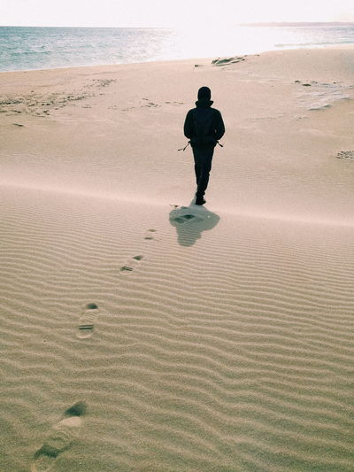 Full length rear view of man walking on sand at beach