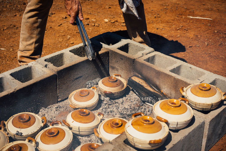 High angle view of man preparing food