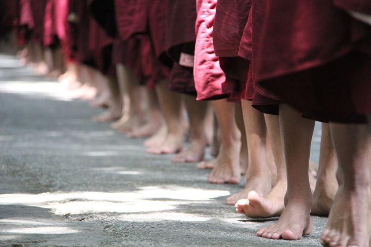 Low section of monks walking on road