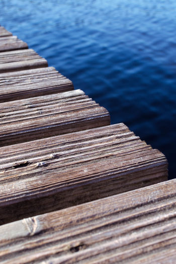 High angle, close up view of pier on lake 