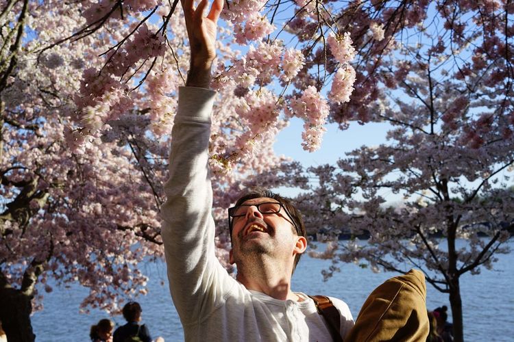 Low angle view of young cute man with glasses standing against sky and blooming cherry tree 