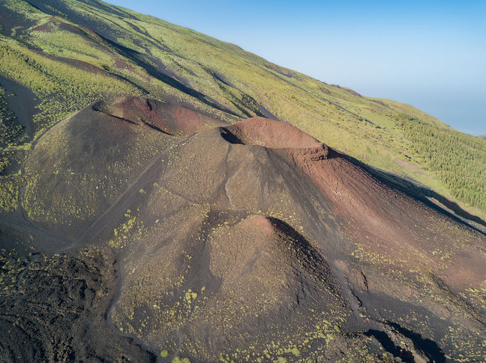 Aerial view of volcanic landscape against clear sky