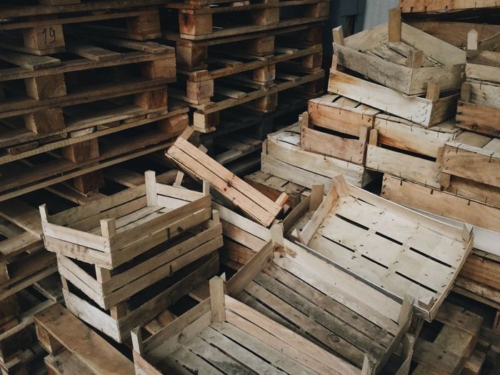 High angle view of stack of wooden equipment