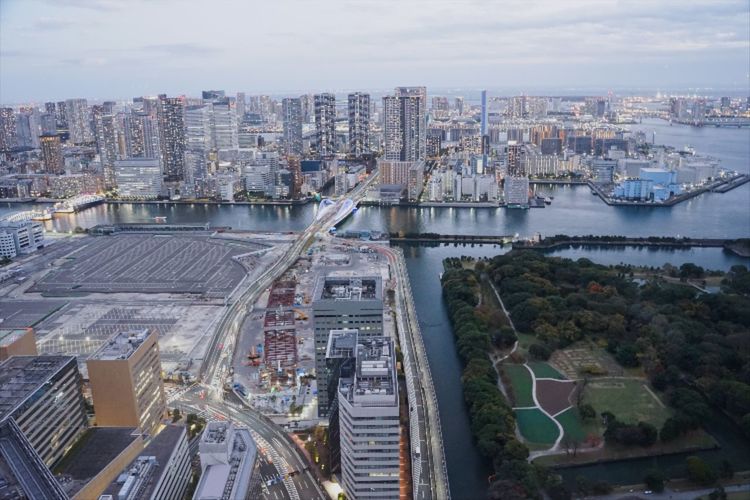 High angle view of river amidst buildings in city