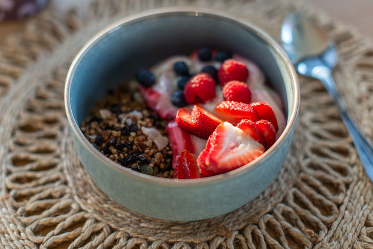 Fresh fruits and muesli with yogurt for healthy breakfast 