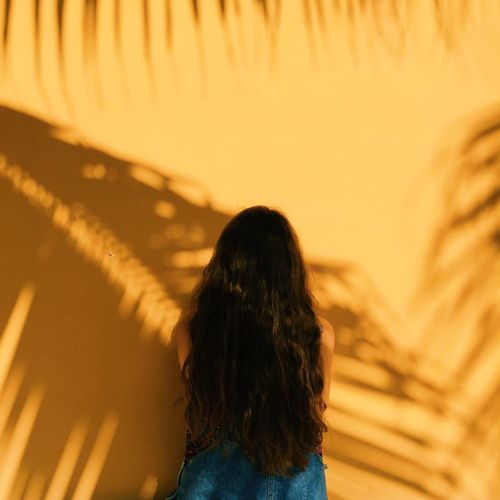 Rear view of woman standing against wall with shadow