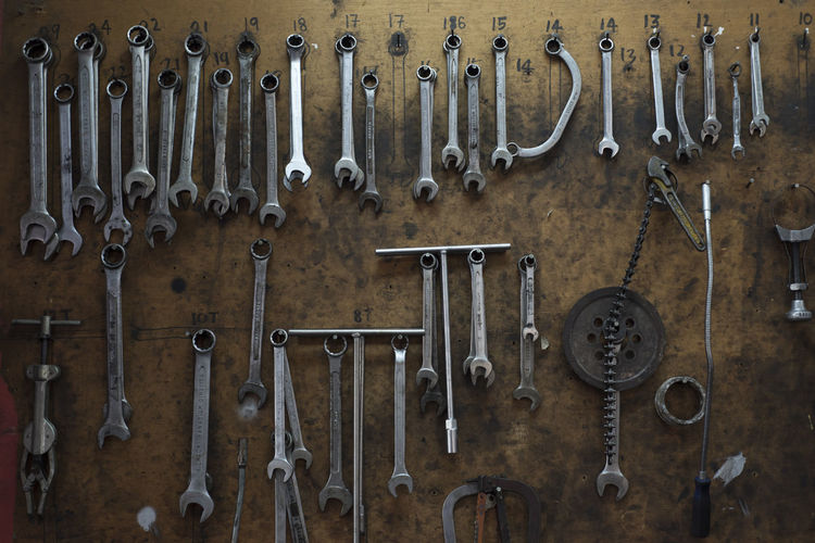 Close-up of tools hanging on wall