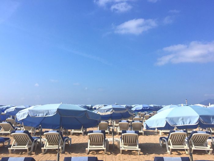 Lounge chairs and umbrellas on beach