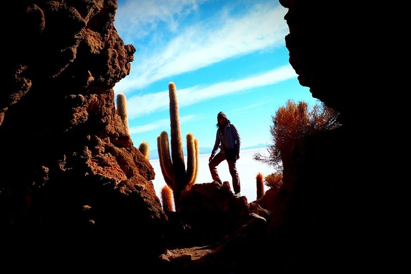 Full length of man standing on rock by cactus