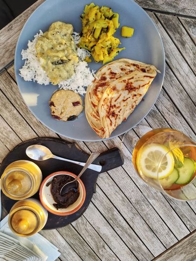 High angle view of breakfast on table