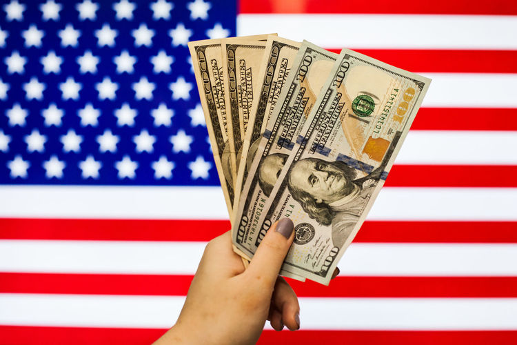 Cropped image of hand holding paper currencies against american flag