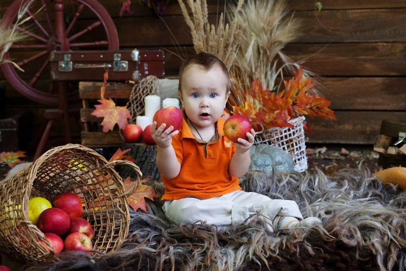 Portrait of cute baby boy holding apples