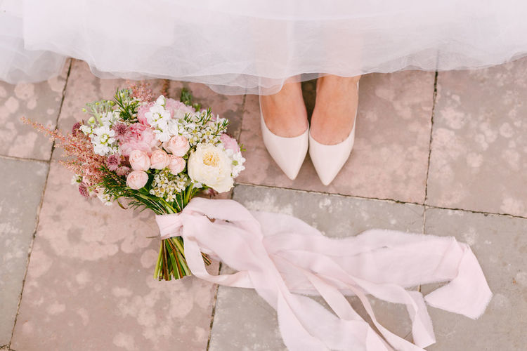 High angle view of flower bouquet on floor