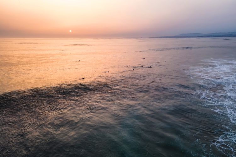 Aerial view of people waiting for waves to surf at sunset in atlantic ocean