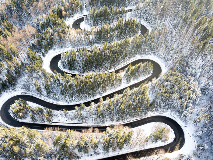 High angle view of winding road against trees