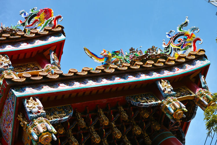 Low angle view of colorful traditional building against clear sky