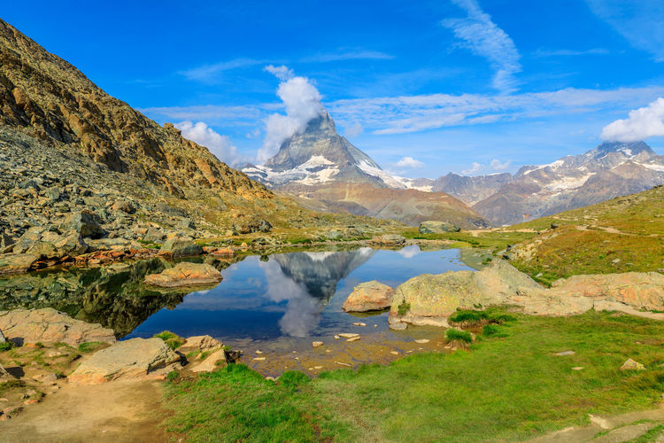 Scenic view of lake and mountains against sky