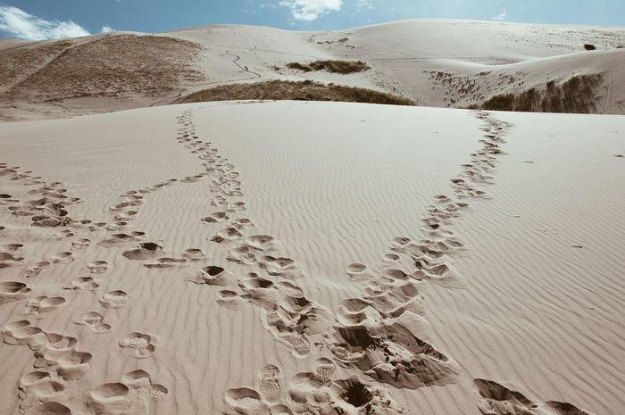 Footprints on sand in gobi desert