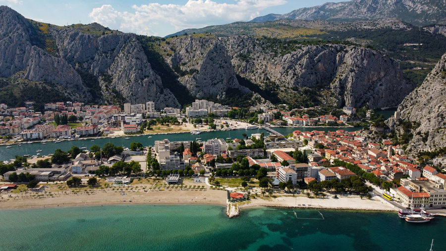 Aerial done view on omis city. croatia