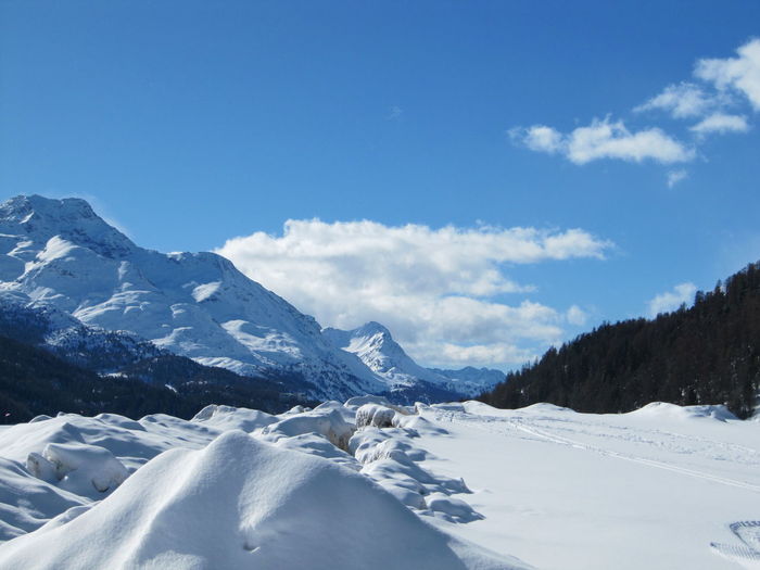 Scenic view of snow covered mountains against sky