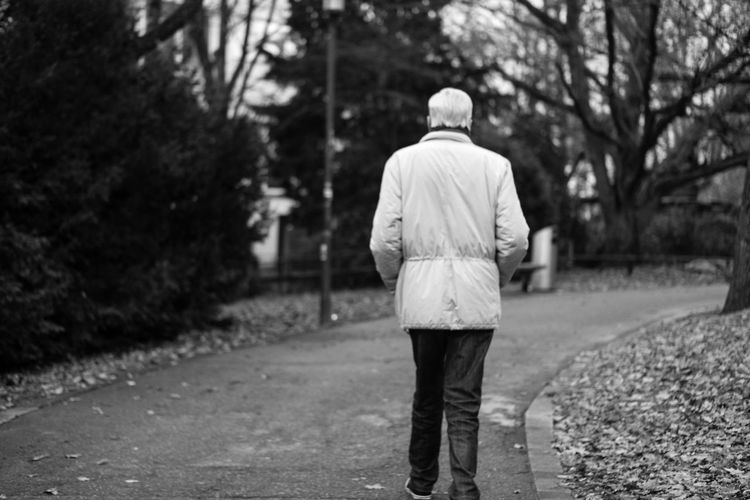 Rear view of a man with umbrella on road