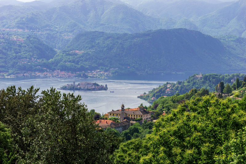 Landscape view of orta lake, in the picture the island san giulio